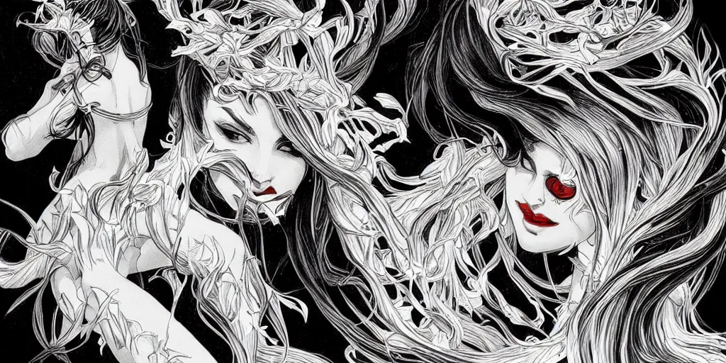 Image similar to black and red and white, roaring angry plant vampires by artgerm, intense lighting, light beams, lens flare, intricate blood tendrils by alphonse mucha, elegant, nightmare, highly detailed, digital painting, artstation, concept art, smooth, sharp focus, illustration, art by serpentigena and alphonse mucha