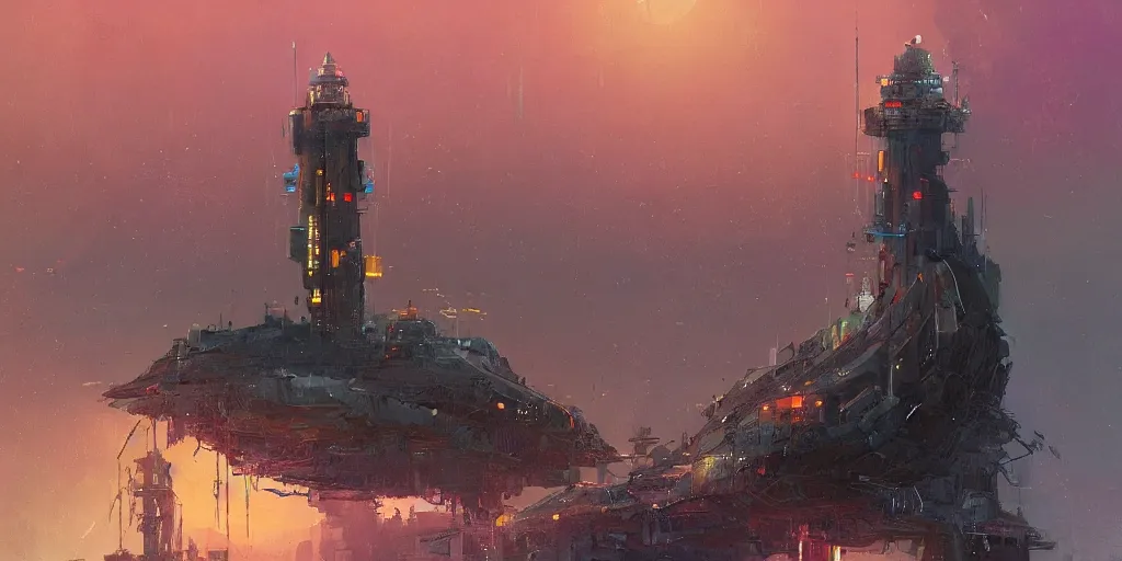 Image similar to concept art of a lone towering sci - fi lighthouse at the waterfront of a busy city, grimy, gritty, blade runner 2 0 4 9, trending on artstation, award winning painting, cgi, art by john berkey and anton fadeev and john howe and simon stalenhag
