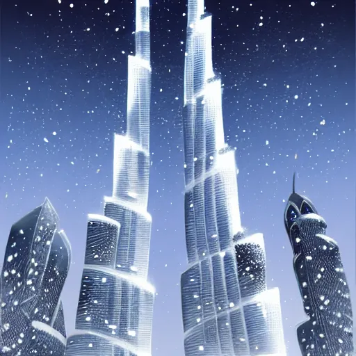 Image similar to Beautiful snow in Dubai, Burj Khalifa, intricate, elegant, highly detailed, digital painting, artstation, concept art, matte, sharp focus, illustration,