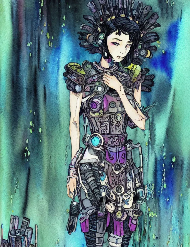 Prompt: inca scifi princess of the lichen woods, wearing a lovely dress with cyberpunk elements. this watercolor painting by the award - winning mangaka has an interesting color scheme, plenty of details and impeccable lighting.