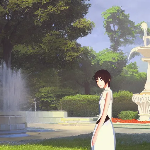 Prompt: a full body portrait of a young woman wearing a white apron standing in front of a fountain in a park, makoto shinkai, james gilleard, very detailed, matte, gaussian blur, tone mapped William-Adolphe, trending on artstation