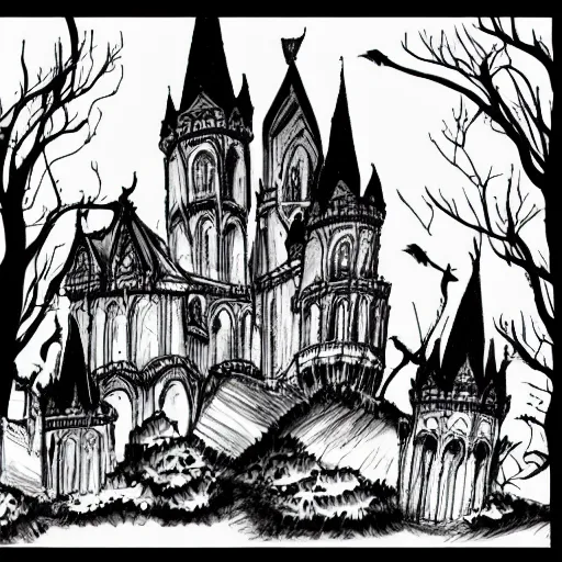 Image similar to beautiful gothic castle landscape in the style of sketchy drawing
