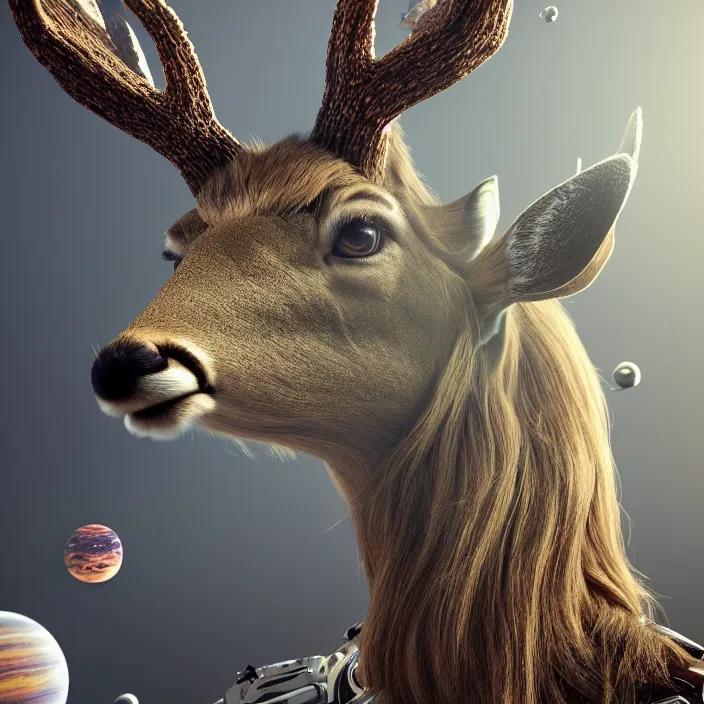 Prompt: very detailed portrait of a majestic deer, dressed in a spacesuit, sci - fi, futuristic, details, intricate, octane render, redshift, smooth, illustration, fairy lighting, stars and planets in the background, hyperrealistic, by dmitry prozorov, loish, and wlop, trending on artstation, hyperdetailed, hyperrealism