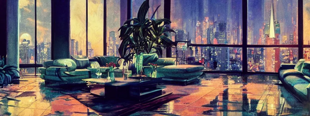 Prompt: concept art, night time retro - futurist penthouse, reflections, moody, designer furniture, high ceiling, 6 0 s colour palette, plants, flowers, floor lamps, multi - level, soft lighting, city view, bladerunner, james jean, syd mead, akihiko yoshida, cinematic