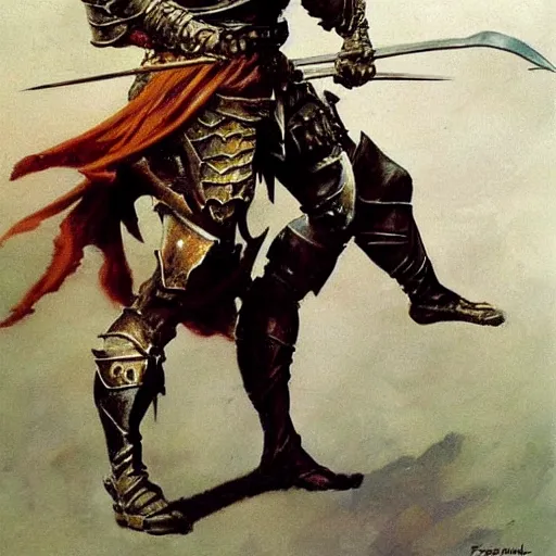 Image similar to fantasy painting by Frank Frazetta portraying a knight in armor,wielding a sword,high quality,beautiful,detailed