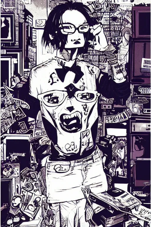 Prompt: nerdy goth guy, cluttered messy 9 0 s bedroom, by jamie hewlett, jamie hewlett art, vaporwave, 9 0 s aesthetic, 9 0 s vibe, concept art, full body character concept art, perfect face, detailed face,