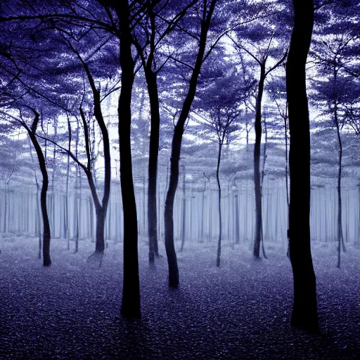 Prompt: An indigo forest in Japan, dark, midnight, seven ghostly white trees