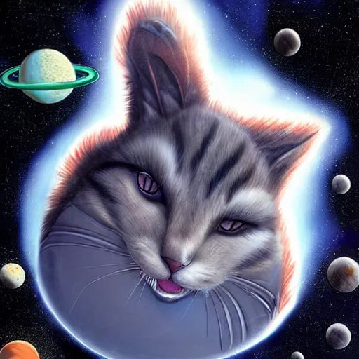 Image similar to ( very giant ) sci - fi cat!, in space ( earth in its mouth )