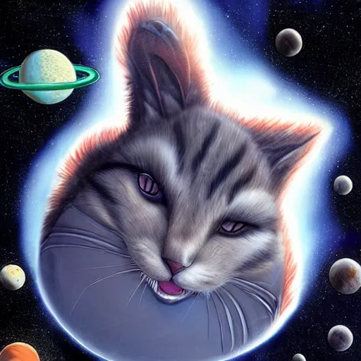 Prompt: ( very giant ) sci - fi cat!, in space ( earth in its mouth )