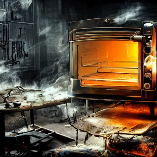 Image similar to cyborg toaster oven repairman, dark messy smoke - filled cluttered workshop, dark, dramatic lighting, orange tint, sparks, cinematic, highly detailed, sci - fi, futuristic, movie still