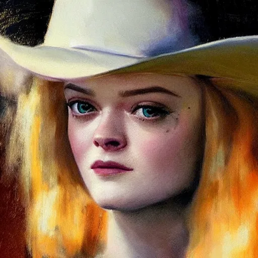 Image similar to ultra realistic portrait painting of elle fanning as a western outlaw, art by frank frazetta and bosch, 8 k, ultra realistic, highly detailed, epic lighting, dark vibes, vintage levi ’ s ad,