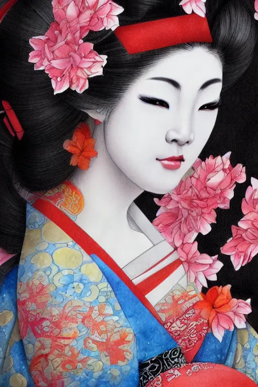 Image similar to beauty geisha, digital art, 8k, character, realistic, portrait, photorealism, japan watercolour, masterpiece art