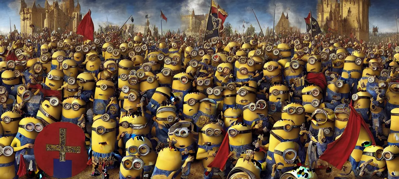 Prompt: Minions Burgundian Deus Vult Crusade in the style of Jan van Eyck