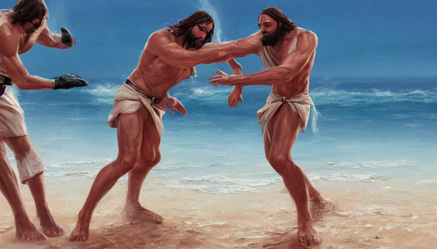 Prompt: jesus christ fighting a blind man on the beach, hyperrealistic, 8k, artstation, cgsociety