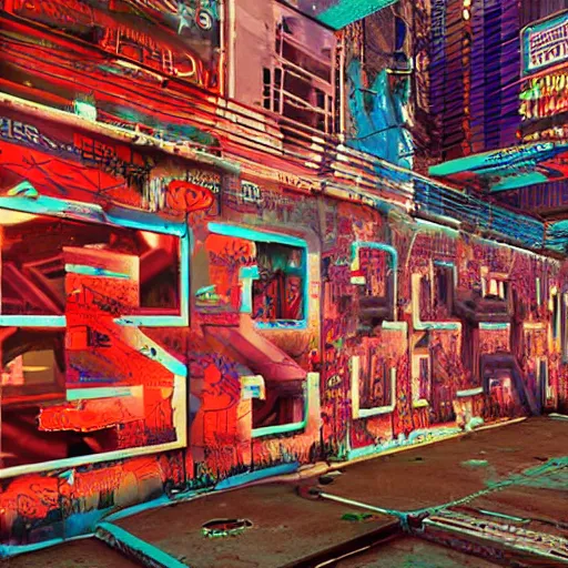 Prompt: cyberpunk city graffiti lettering cybernetic wall storefront texture:8, Beeple:2, 8k rendered in Cinema4D:5, Beksinski:4, Salvador Dali:5, Giger:1