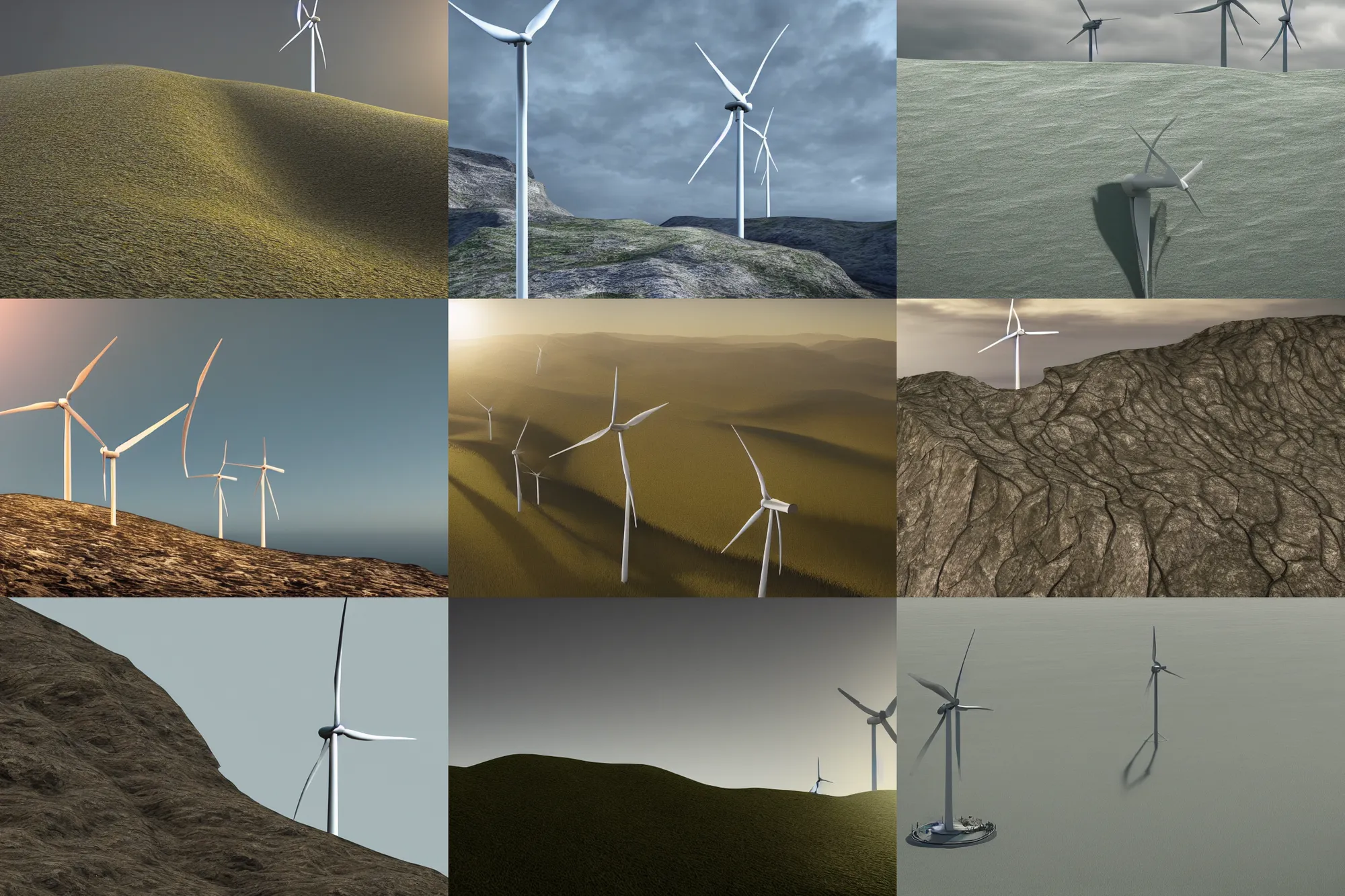 Prompt: Windpunk by Lynda Benglis, octane render, solid, dawn of a new world, single wind turbine shining over a cliff, beautiful, intricate details, sharp details, 4k, 8k