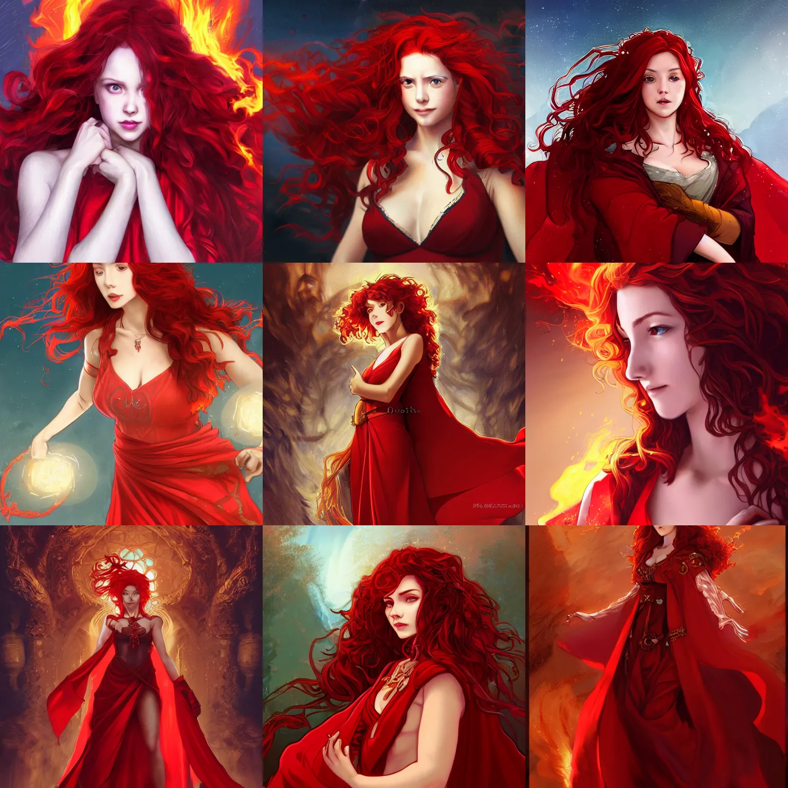 Prompt: portrait of a female sorceress with curly red hair wearing a red dress and a red cloak surrounded by flames, half body, single subject, ambient lighting, highly detailed, digital painting, trending on pixiv fanbox, studio ghibli, extremely high quality artwork, art by ross tran and artgerm and makoto shinkai and alphonse mucha