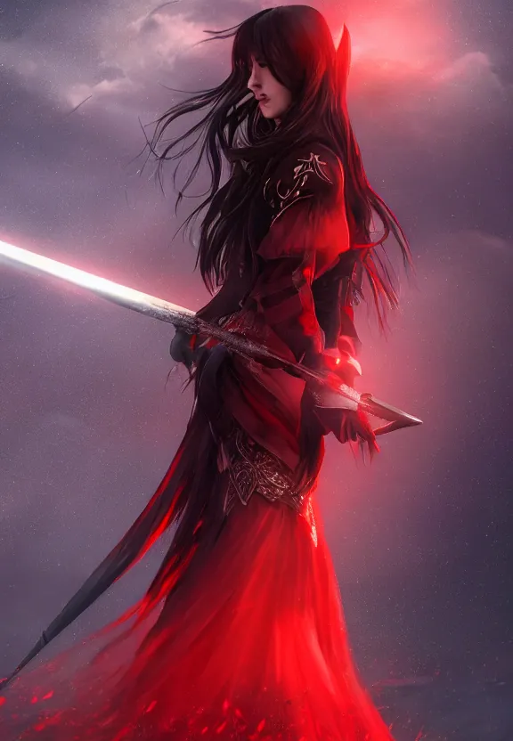 Prompt: a beautiful fierce long black haired woman wearing red dress wielding black sword posing gracefully, heavenly moonlit clouds background, close up shot, artstation, extremely detailed woman, stunning volumetric lighting, hyper realism, fantasy 4k