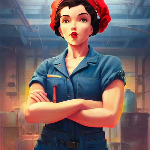 Image similar to a portrait of Rosie the riveter, industrial setting, vivid colors, soft lighting, atmospheric, cinematic, moody, in the style of Ilya Kuvshinov and Range Murata, Krenz Cushart, oil on canvas, 8k