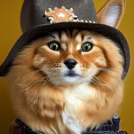 Image similar to siberian cat in a cowboy hat riding a corgi, wild west, sunset. no dude, for real, i want a siberian felis catus wearing a cowboy hat, riding a corgi canis!!!! i dont want any images of corgi - cat hybrids, dogs riding dogs or girls!!!!