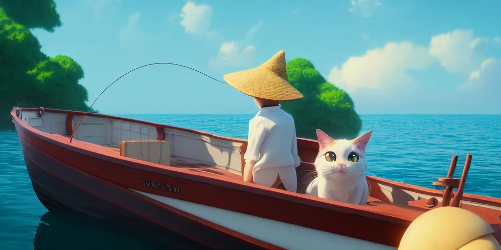 Prompt: animation key shot cute cat fishing boat wearing sunhat, ghibli, pixar disney animation, sharp, rendered in unreal engine 5, anime key art greg rutkowski, bloom, dramatic lighting