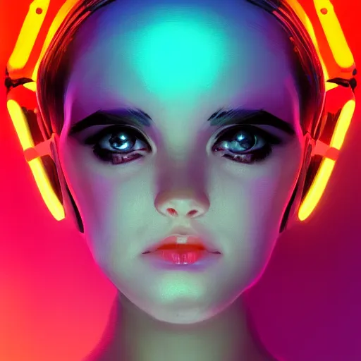 Image similar to portrait of a cute young woman with robot ears and eyes, 4k, sharp focus, neon colored fluorescent lighting, Andreas Rocha