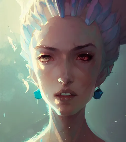 Prompt: portrait of a queen of ice dragon by atey ghailan, by greg rutkowski, by greg tocchini, by james gilleard, by joe fenton, by kaethe butcher, dynamic lighting, gradient light blue, brown, blonde cream and white color scheme, grunge aesthetic