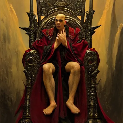 Image similar to perfectly centered portrait of attractive vampire king in a robe sitting on a throne of bones, highly detailed painting by gaston bussiere, craig mullins, j. c. leyendecker, 8 k