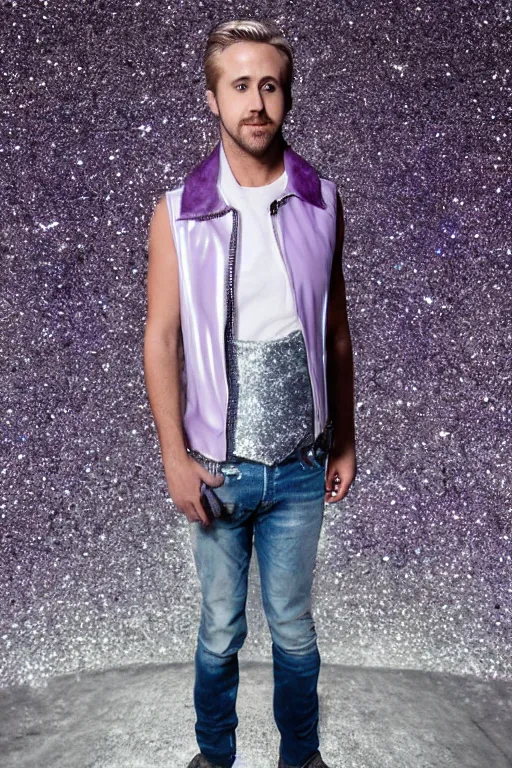 Image similar to Ryan Gosling with silver-violet hair, white eyes inflated press and denim glittery vest, wide lens, diorama, 4k,