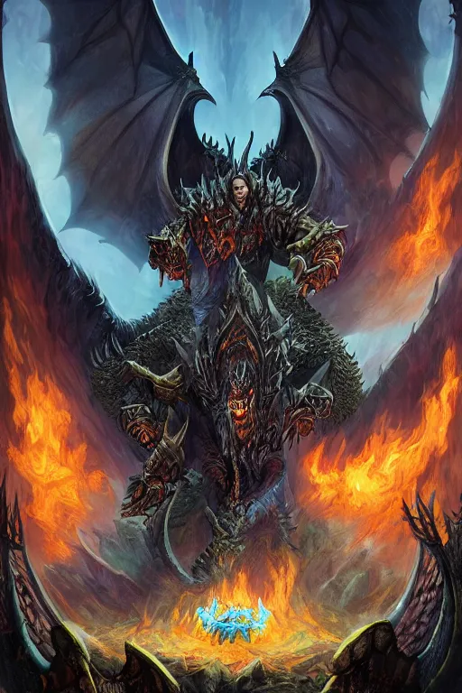 Prompt: epic professional portrait of a dark queen summoning hell dragons on a mountain, world of warcraft style, dark fantasy, graphic novel layout by samwise didier, dungeons and dragons