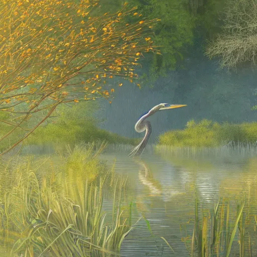 Image similar to a majestic blue heron in shallow river, waterfalls in distance, left border beautiful willow, right border cherry blosom trees, lily pads bullrushes marsh clouds, golden hour intricate by mcquarrie martin lagerstadt, digital art, highly detailed, artstation