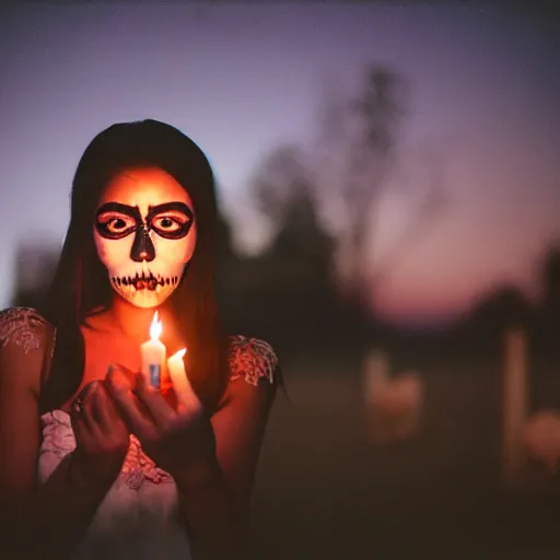 Image similar to film photograph of beautiful Mexican woman, age 20s, in sugar skull makeup, illuminated by candlelight, in a cemetary at night, cinestill 800, 85mm
