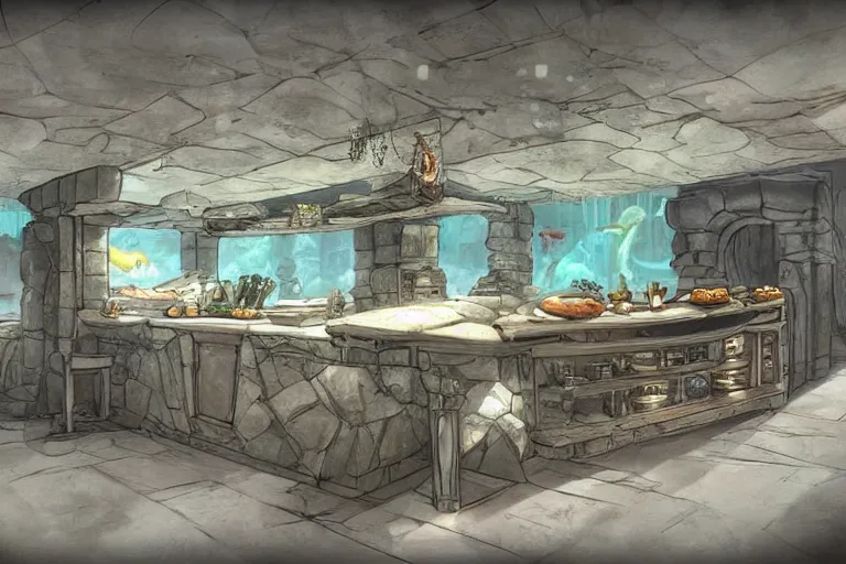 Prompt: underwater kitchen island, dungeons and dragons concept art