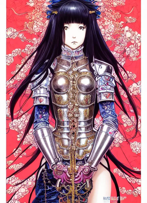 Image similar to highly detailed artgerm artstation minaba hideo fantastic fate katsuhiro otomo manga poster of dressed princess mechine, minaba hideo, long hair, armor, laces, ruffles, 8 k, fluorescent, maximalist, jump comics, art nouveau, takato yamamoto