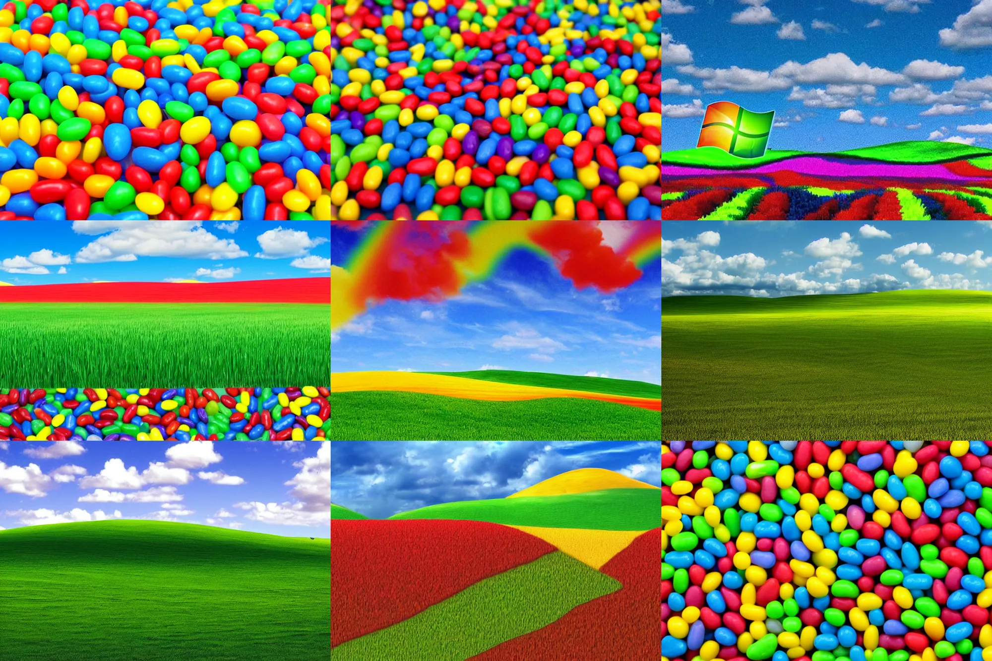 Prompt: the default windows xp background bliss made out of jelly beans