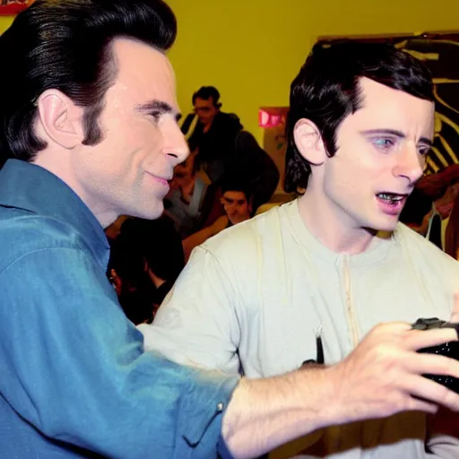 Prompt: john travolta and elijah wood playing xbox ps 2