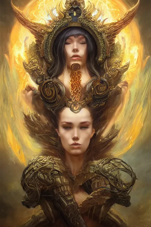 Image similar to front portrait of beautiful girl sorcerer looking up with fire and golden dragon skin, celtic rune tattoos, casting magic spell, angel, fantasy, magic the gathering, hyper detailed, 3 d render, hyper realistic detailed portrait, peter mohrbacher, wlop, ruan jia, luis royo