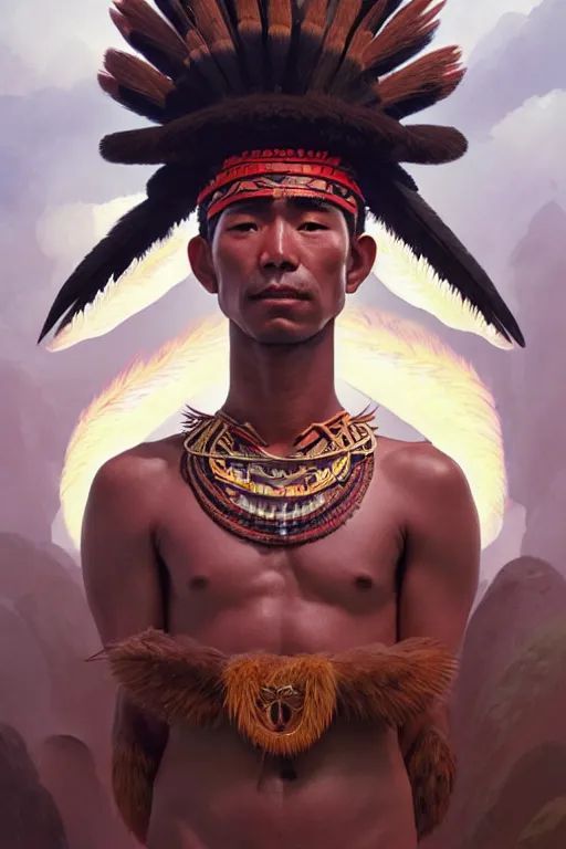 Image similar to man of q'eros, peru amazon tribe, finely detailed perfect face, exquisite details, fire magic, mid view, design on a white background, by studio muti, greg rutkowski makoto shinkai takashi takeuchi studio ghibli