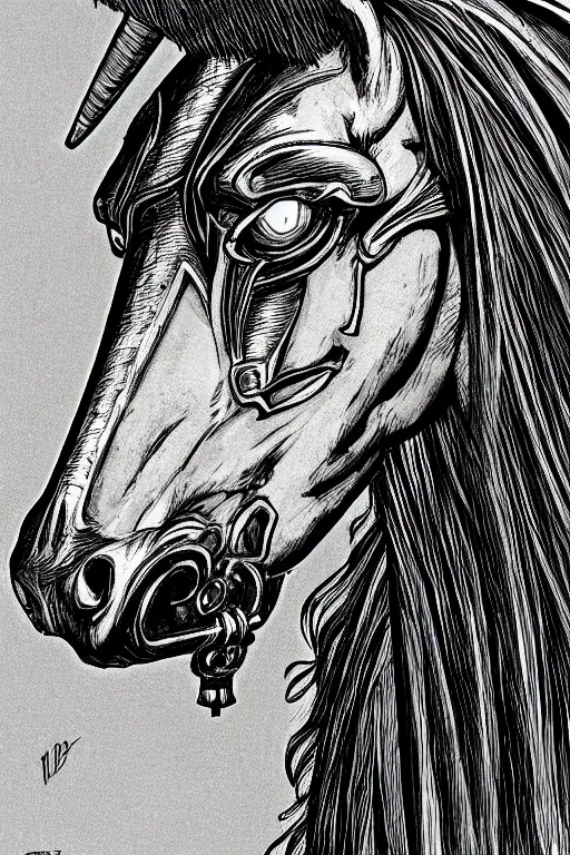 Image similar to evil horse with a horn, symmetrical, highly detailed, digital art, sharp focus, trending on art station, kentaro miura manga art style