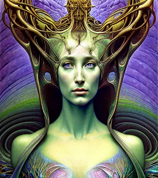 Image similar to detailed realistic iridescent beautiful young cher cyber alien fractal queen of mars portrait by jean delville, gustave dore and marco mazzoni, art nouveau, symbolist, visionary, baroque. horizontal symmetry by zdzisław beksinski, iris van herpen, raymond swanland and alphonse mucha. highly detailed, hyper - real, beautiful