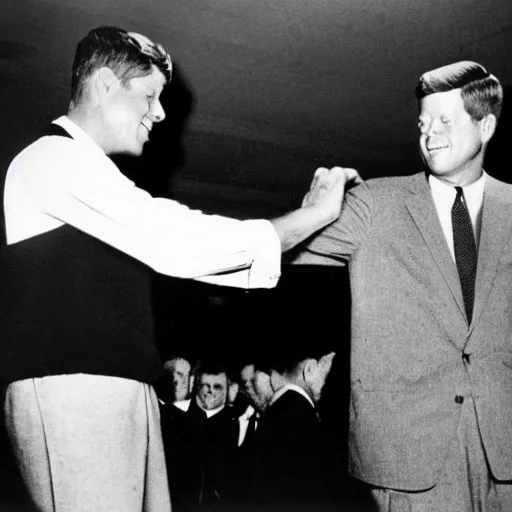 Prompt: a photograph of jfk holding hands with a werewolf
