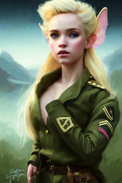 Image similar to cinematic shot of an epic portrait of a cute blonde fairy dressed in military clothes, stylised military clothes, shiny skin, beautiful eyes, beautiful, small details, night setting, realistic poster with volumetric light from craig mallism, artgerm, jeremy lipkin and michael garmash, unreal engine, radiant light, digital art, trends at art station, a masterpiece