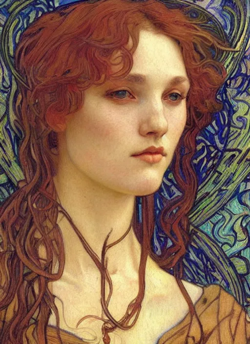 Image similar to detailed realistic beautiful young medieval queen face portrait by jean delville, alphonse mucha, vincent van gogh, and marco mazzoni, art nouveau, symbolist, visionary, gothic, pre - raphaelite