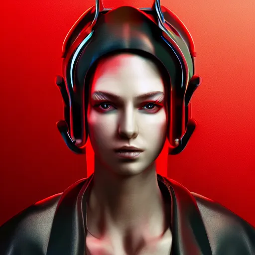 Prompt: realistic digital artwork of cyberpunk female wearing thick leather and steel collar, 4K, red highlights, symetrical,