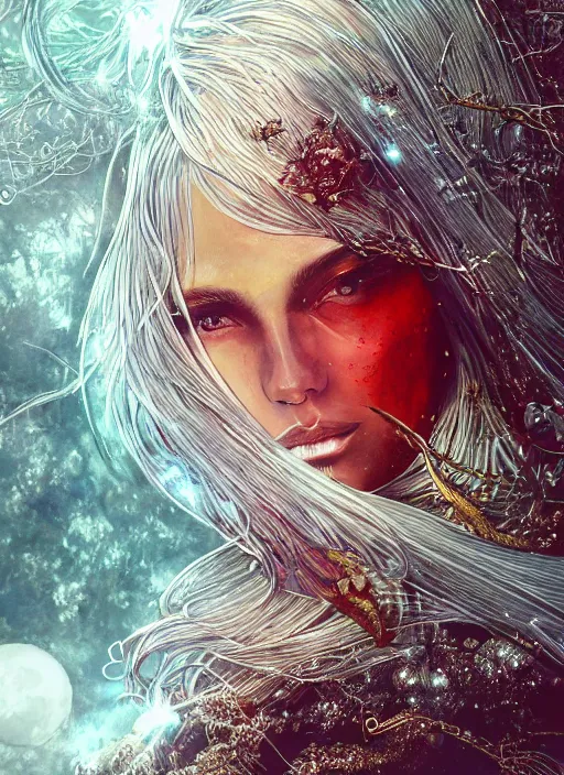 Image similar to glowing silver and golden elements, full close-up portrait, dark witch from freepik, book cover, green forest, white moon, red lips, establishing shot, extremly high detail, photo-realistic, cinematic lighting, pen and ink, intricate line drawings, by Yoshitaka Amano, Ruan Jia, Kentaro Miura, Artgerm, post processed, concept art, artstation, matte painting, style by eddie mendoza, raphael lacoste, alex ross