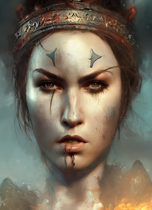 Image similar to hyper realistic photography portrait of pagan medieval festival warrior curvy partygirl face cinematic, vallejo, julie bell, craig mullins greg rutkowski, artstation, cgsociety