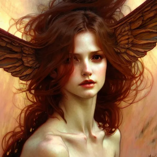 Image similar to Winged girl angel, face, fantasy, intricate, elegant, dramatic lighting, highly detailed, lifelike, photorealistic, digital painting, artstation, concept art, smooth, sharp focus, illustration, art by John Collier and Krenz Cushart and Artem Demura and Alphonse Mucha and and Albert Aublet