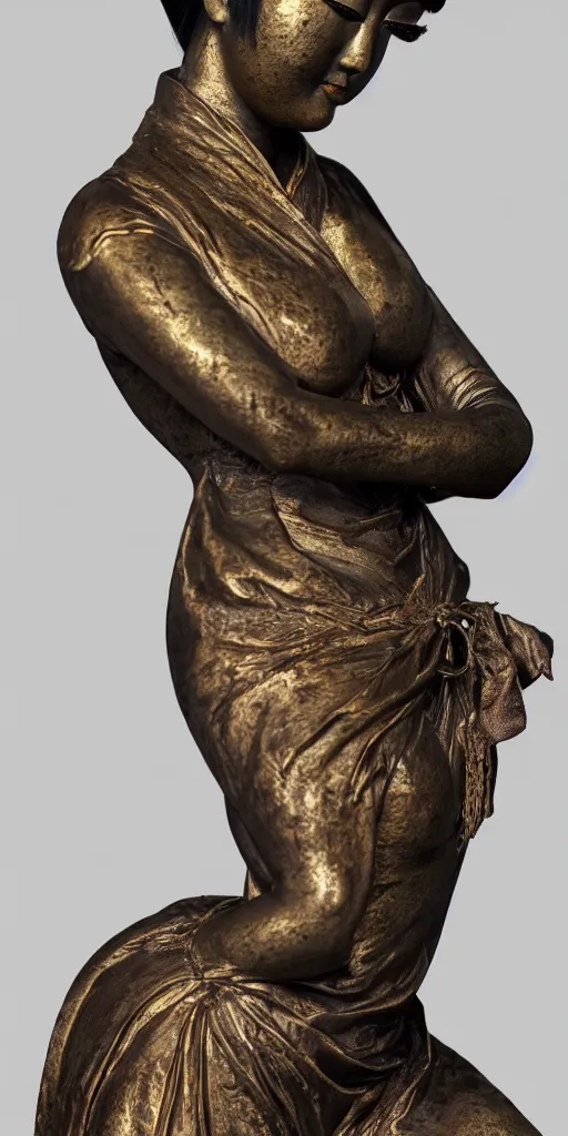 Prompt: detailed photo of old bronze patina statue of glamorous and sexy geisha, full body portrait, various bending poses, photorealism, intricate detail, museum diffuse lighting