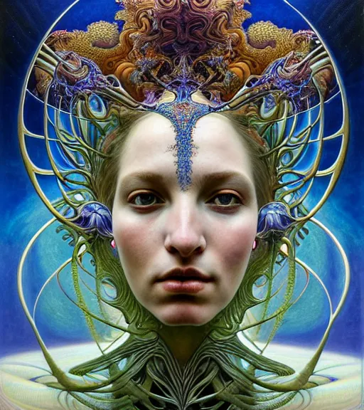 Prompt: detailed realistic beautiful young groovypunk queen of andromeda galaxy in full regal attire. face portrait. art nouveau, symbolist, visionary, baroque, giant fractal details. horizontal symmetry by zdzisław beksinski, iris van herpen, raymond swanland and alphonse mucha. highly detailed, hyper - real, beautiful