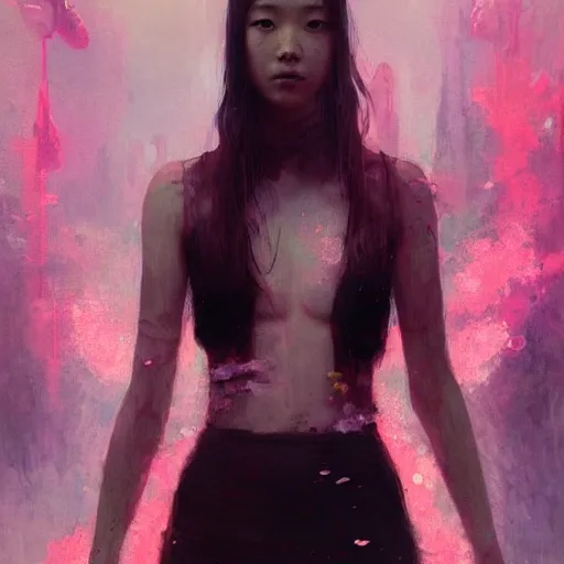 Prompt: lee jin - eun emerging from pink water in cyberpunk theme by greg rutkowski, claude monet, conrad roset, takato yomamoto, frederick edwin church, rule of thirds, seductive look, beautiful, refined, masterpiece, complex face anatomy